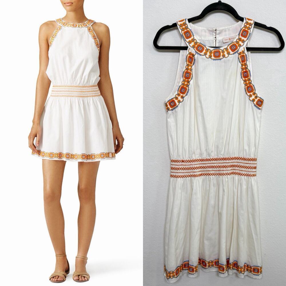 Tory Burch Embroidered Bridget Dress White Cotton Mini Size Small